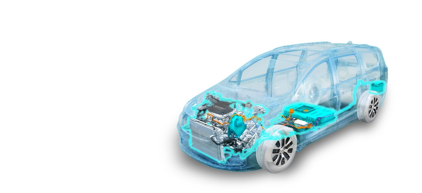 An under-the-skin illustration of the 2023 Chrysler Pacifica Hybrid highlighting the Body-In-White with electric motor and gasoline hybrid engine.